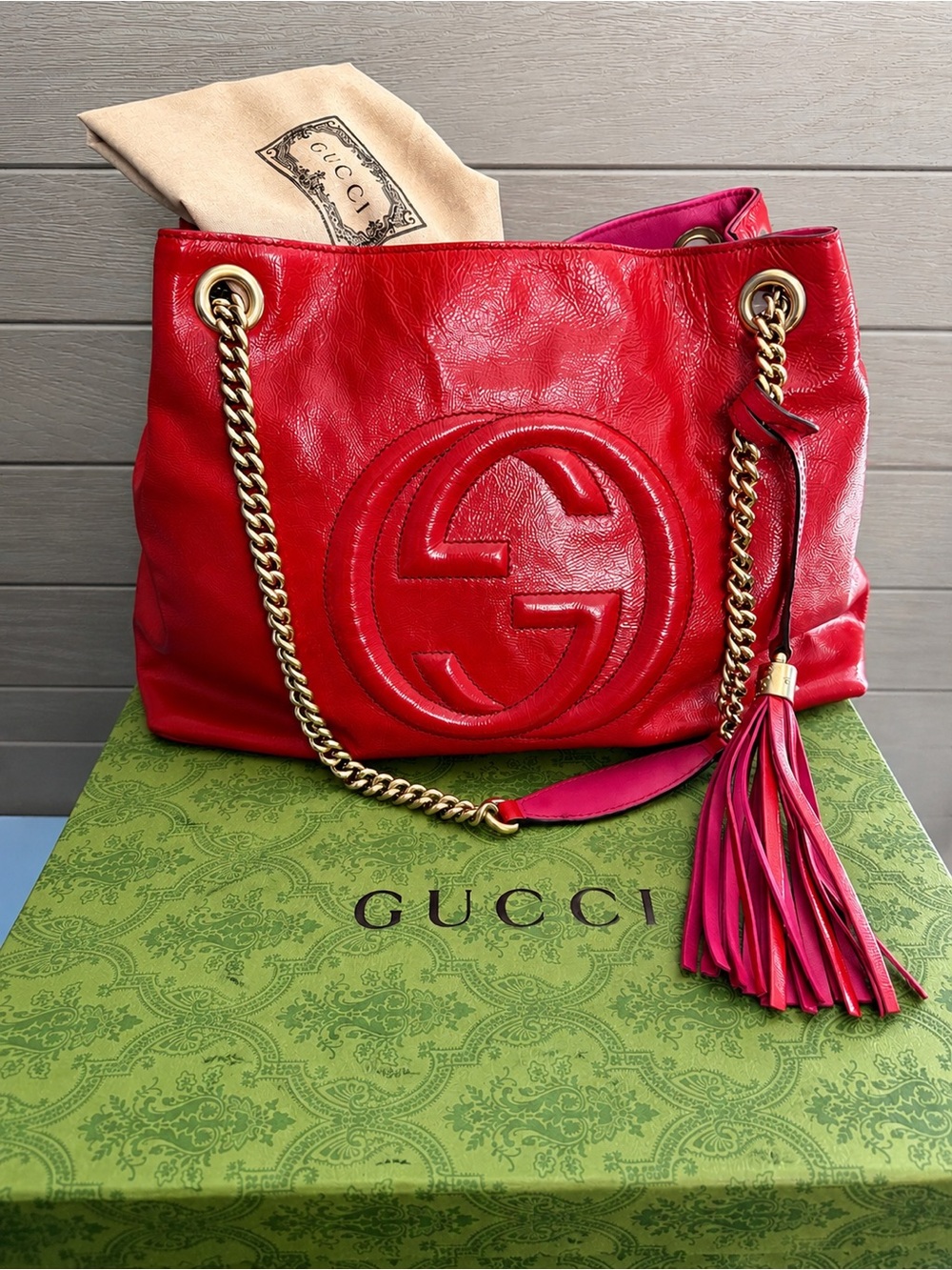 Gucci Soho Chain Tote Red Pink Patent Leather GG Tassel Tote w/ Box & Dust Bag